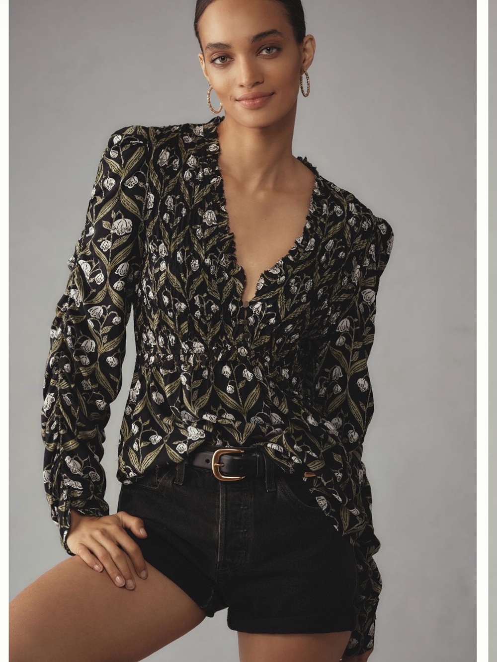 By Anthropologie Ruched-Sleeve V-Neck Top